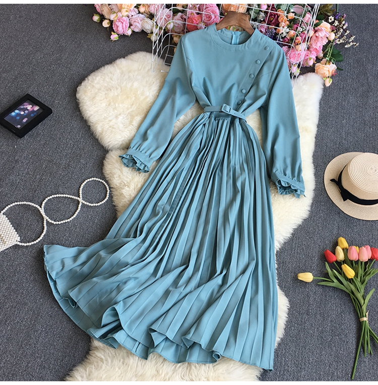 Breasted Pleated solid color Large Swing long sleeve round neck waist dress NSYXG132185