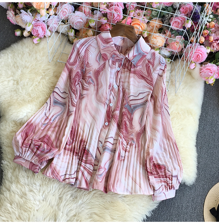 pleated print long puff sleeve loose shirt NSYXG124849