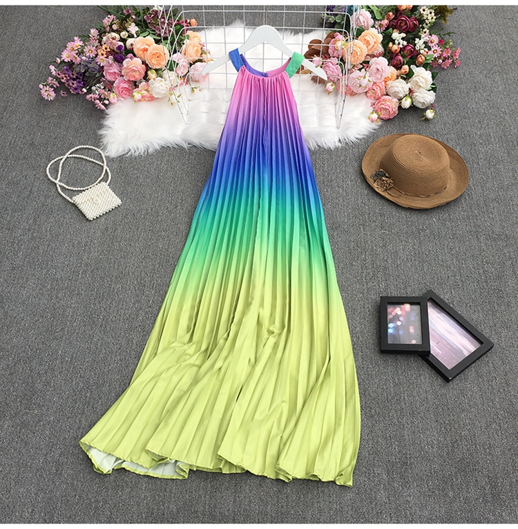 pleated rainbow color gradient round neck loose sleeveless dress NSYXG124776