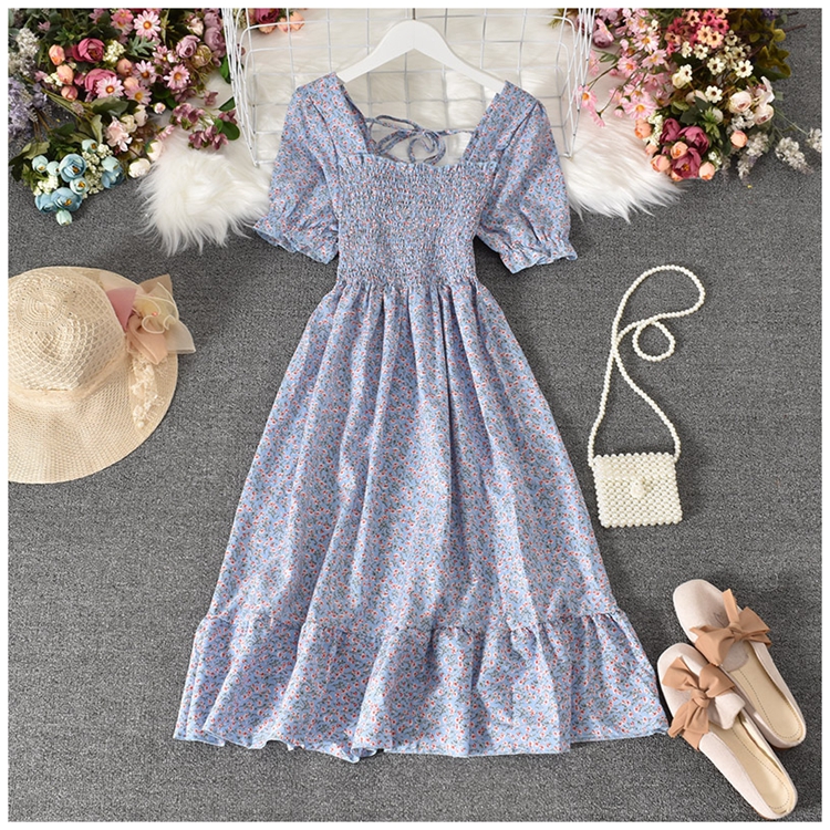 square collar backless lace-up big swing short-sleeved floral chiffon dress NSYXG124350