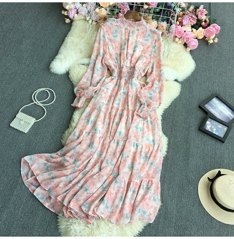 long puff sleeve stand-up collar slim flower print dress NSYXG124766