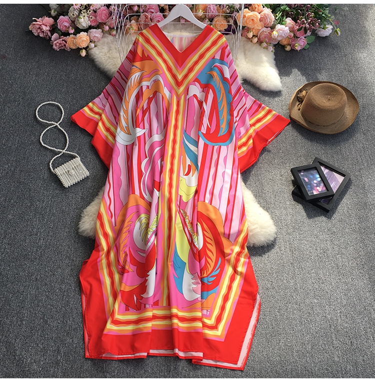 print Bohemian retro v-neck loose bat sleeve large swing dress NSYXG133614