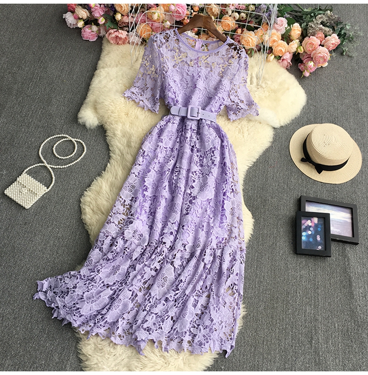 Short Sleeve round neck large swing long solid color Lace Dress NSYXG133475