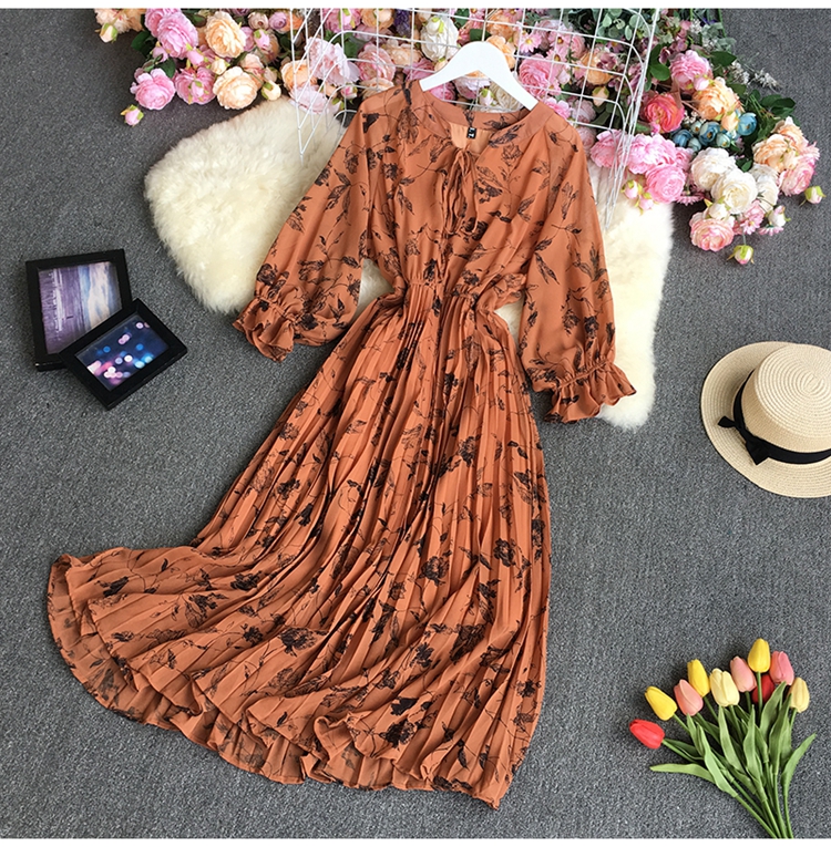 Chiffon pleated print long sleeve large swing lace-up dress NSYXG124275