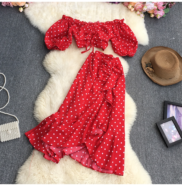 polka dot lace-up short sleeve short top and ruffle high waist skirt two-piece set NSYXG124480