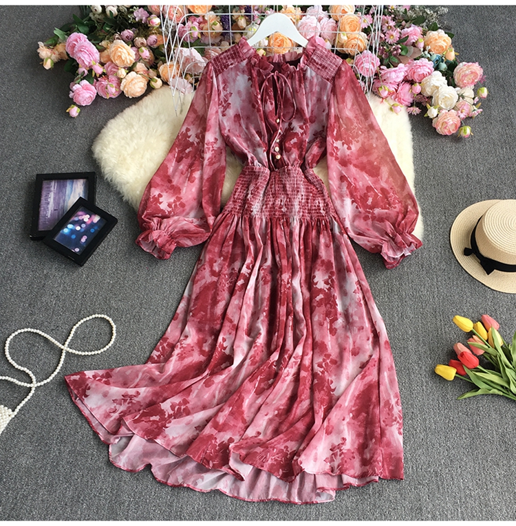 print fungus edge stand-up collar large swing long puff sleeve lace-up dress NSYXG124764