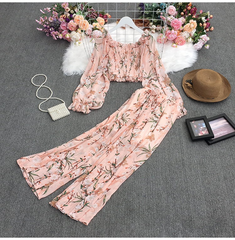 traje de dos piezas con top corto de chifón floral y cintura alta con cuello cuadrado y pantalones de pernera ancha NSYXG124367