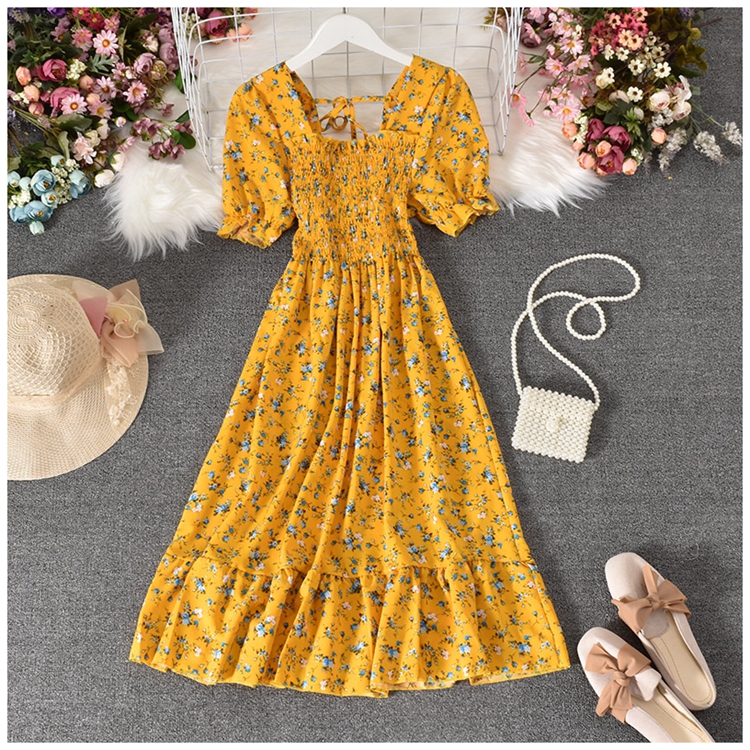 square collar backless lace-up big swing short-sleeved floral chiffon dress NSYXG124350