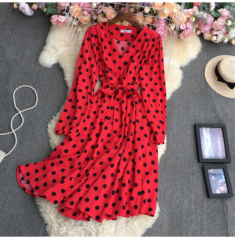 Long Sleeve v neck lace-up large swing Polka Dot Dress-Multicolor NSYXG131786