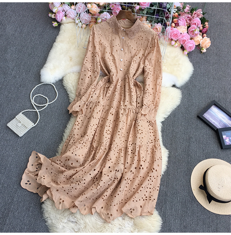 Lapel Long Sleeve hollow slim large swing solid color Dress NSYXG124851