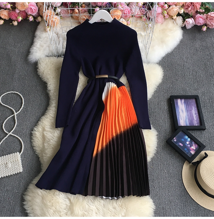 knitted pleated gradient color Stand-up collar slim long sleeve dress NSYXG124760