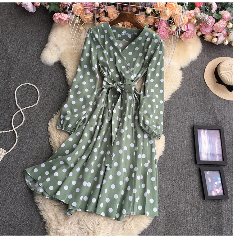 Long Sleeve v neck lace-up large swing Polka Dot Dress-Multicolor NSYXG131786