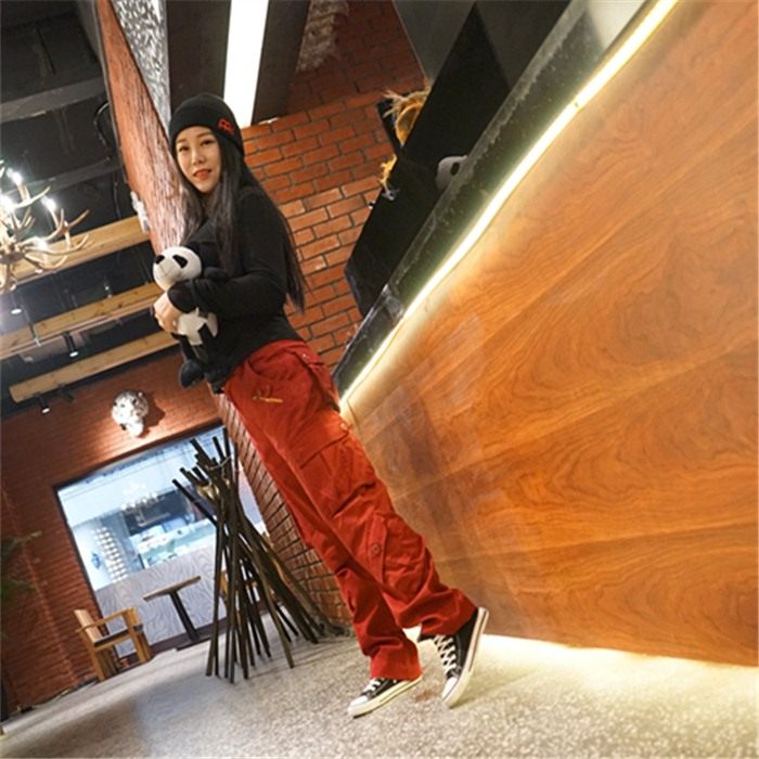 2021 summer pure cotton women's overalls casual multi-pocket hip-hop trousers trousers straight square dance couple pants