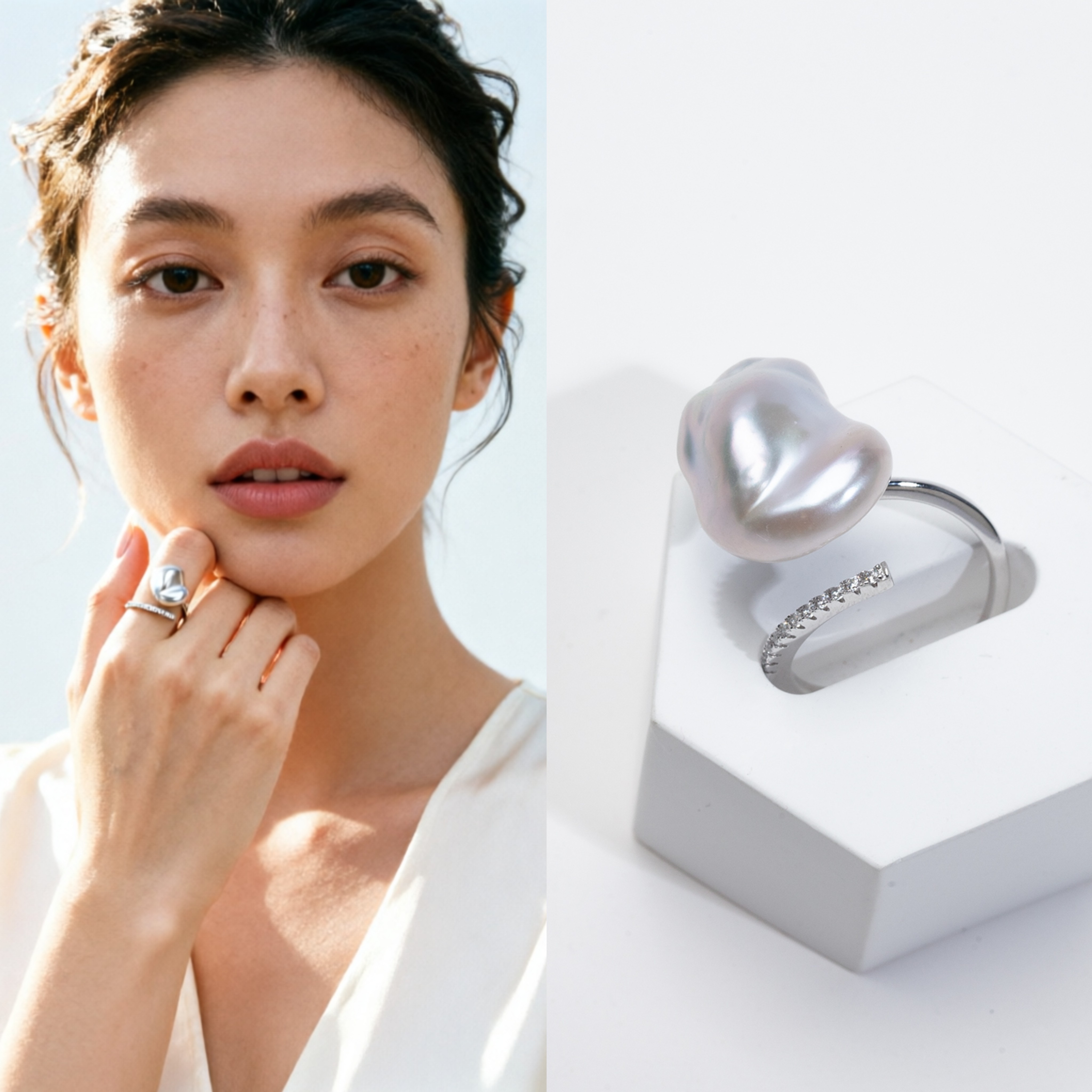 S925 Silver Freshwater Baroque Cold White Light KESHI Open Ring Diversity Shipment