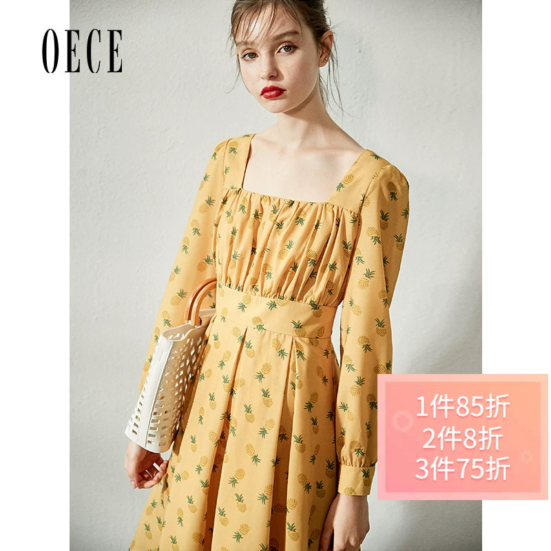 Oece mùa xuân và mùa thu quần áo mới của phụ nữ Pháp ngọt ngào cổ điển cổ vuông thắt lưng cao in áo dài tay - Váy eo cao