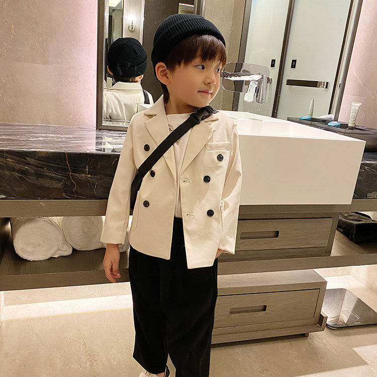 Boy White Suit Jacket Single Piece Casual Double Drauded Buttons 2021 Fall New Korean Version Children Little West Suit Blouse