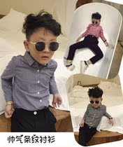 Boy pink striped long sleeve shirt thin black Gray 2020 Autumn new cotton Korean thin slim shirt