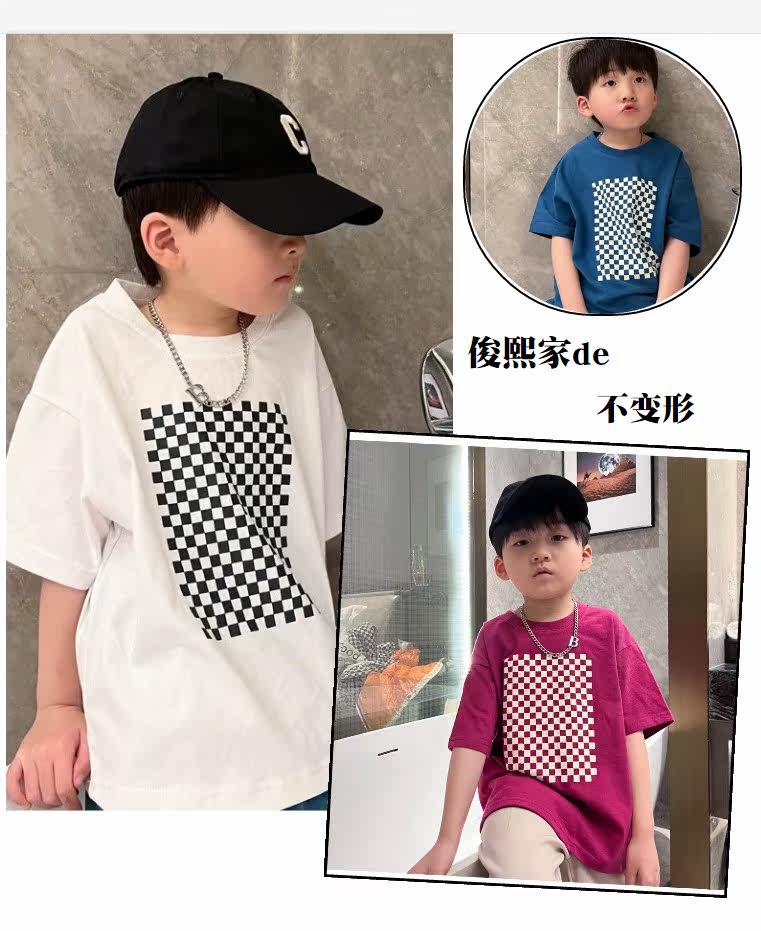Boys' white short-sleeved T-shirt pure cotton Korean version loose western style net red children's 2022 summer new checkerboard top