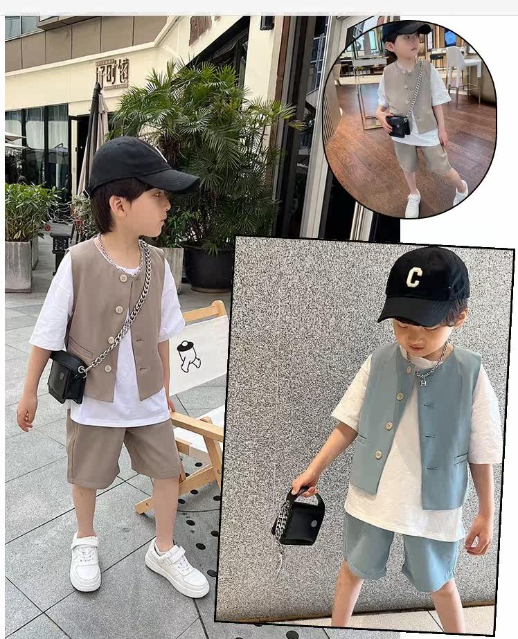 Boys summer suit short sleeve T - shirt shorts three pieces of Korean Ocean stylish 2022 children