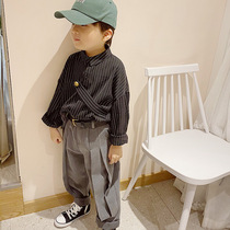 Boy vertical striped long sleeve shirt cotton Black Spring and Autumn Korean version of foreign style fashion children childrens shirt