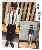 Boys white shirt black trousers strap pants set British style 2021 Spring Summer New Childrens watch gown