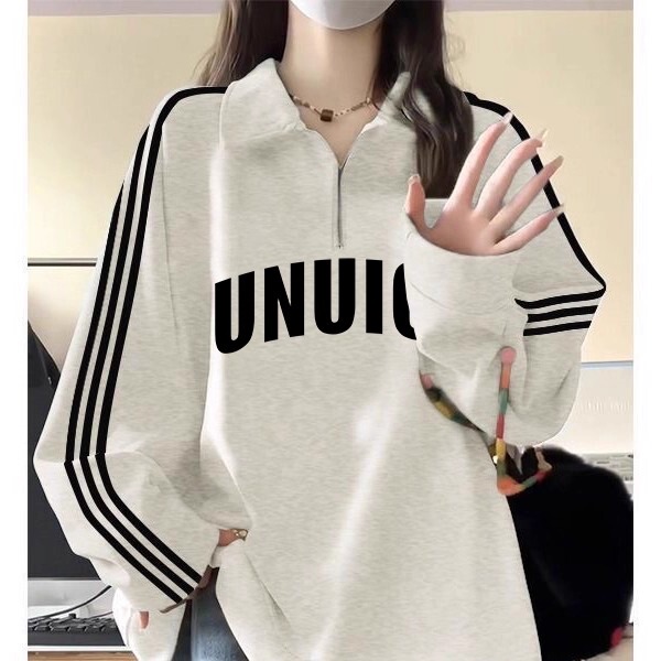 American-Style Three-Stripe Polo Collar Zip-Up Sweatshirt for Girls, Older Children, Spring and Autumn, Thickened, Loose Fit for Middle and High School Students