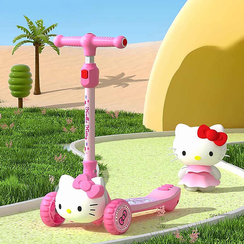 Authentic Sanrio Hellokitty Kidsren's New Scooter for Girls Aged 3-6 Years Old, Anti-Rollover, Cute Flat Scooter