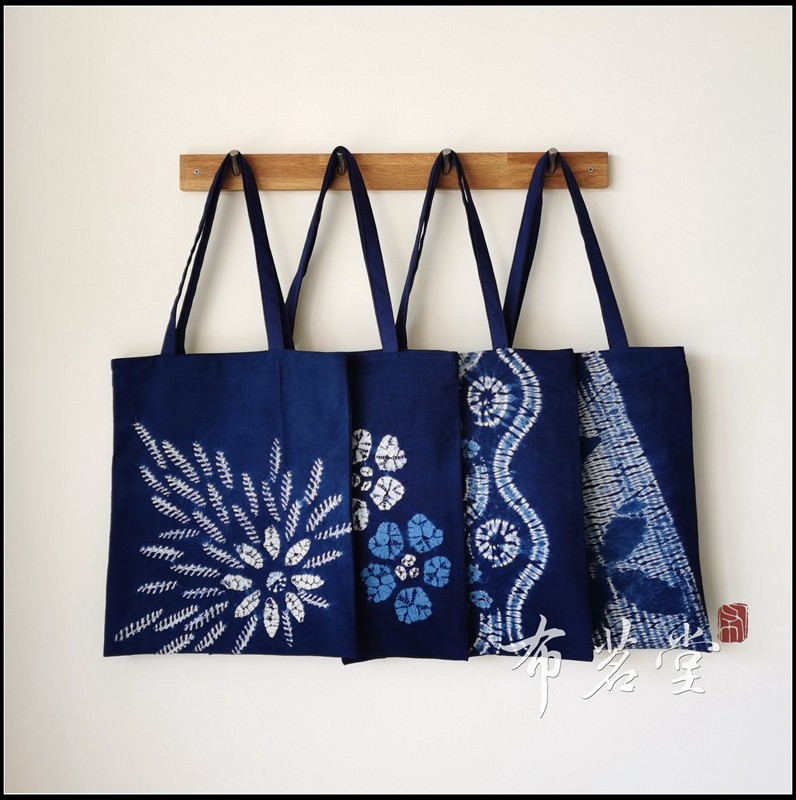 Bu Ming Tang Tie-dye shoulder bag Cotton plant blue dye zipper backpack eco-friendly shopping bag