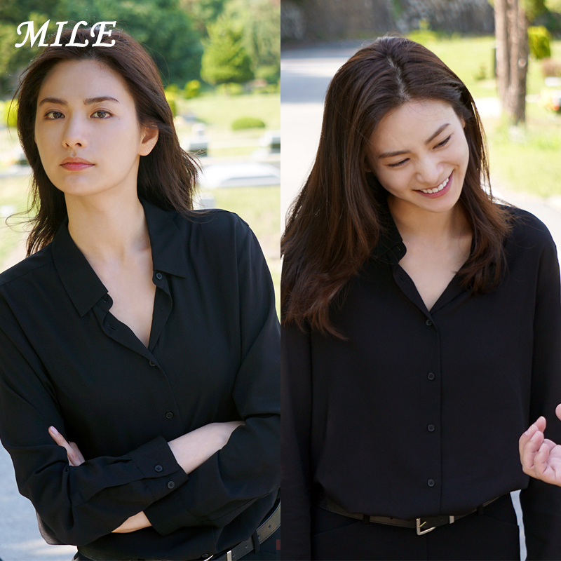 Lin Zhen Nana Same Style 2023 Spring and Summer Korean Version Simple Black Professional Chiffon Shirt Commuter Ol Long-Sleeved Shirt
