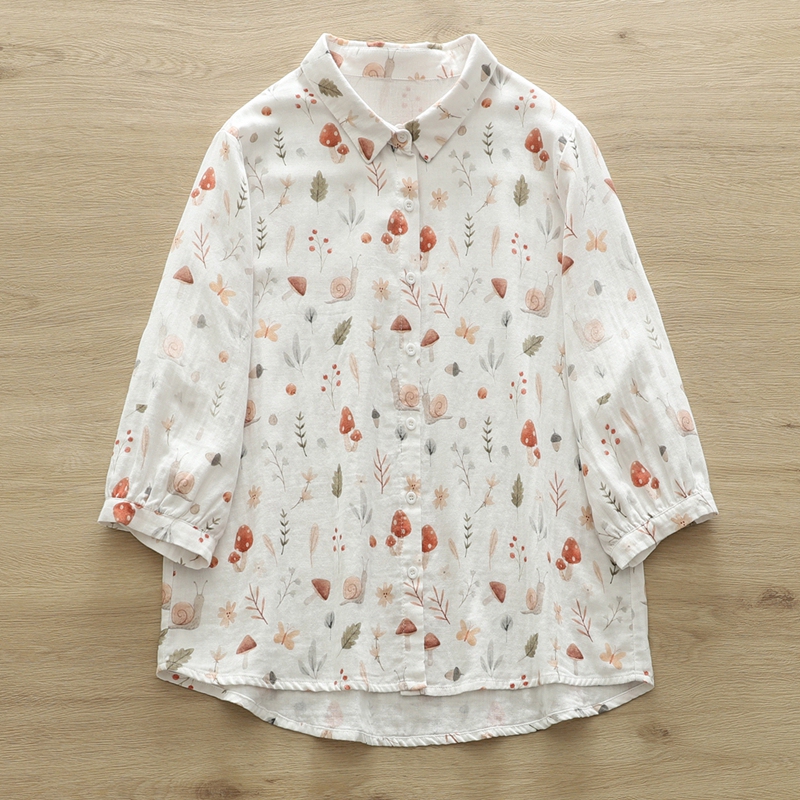 Artistic and Fresh Cartoon-Style Loose Double-Layer Cotton Gauze Regular Shoulder Blouse for Women with Three-Quarter Sleeves as a Base Layer