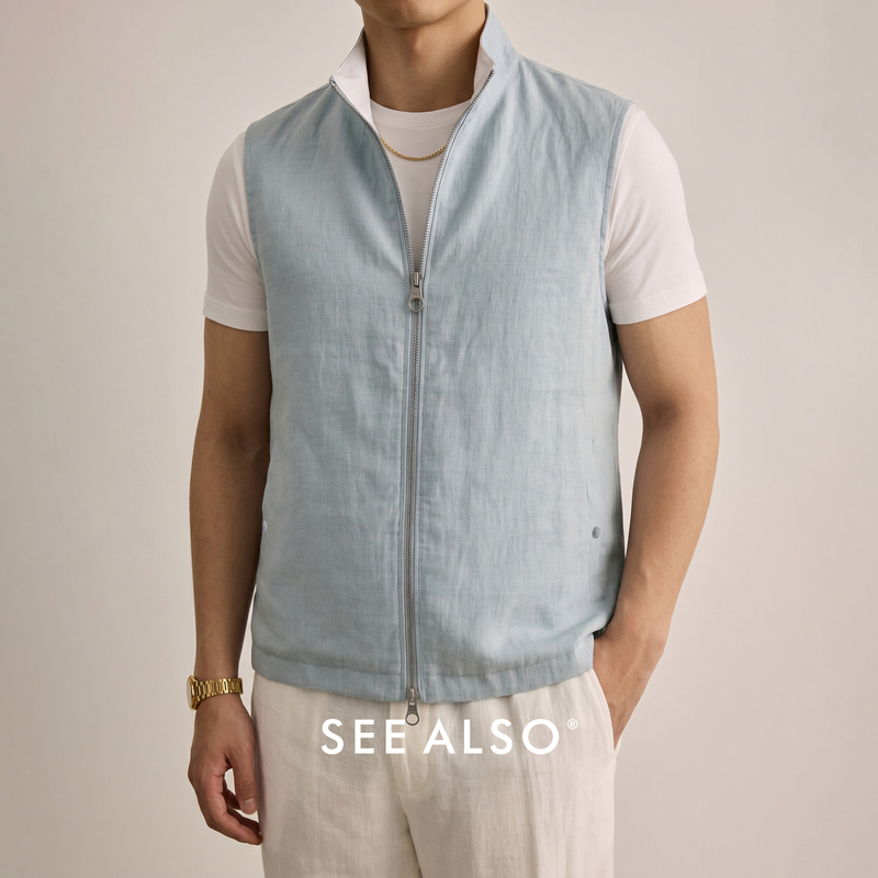 Seealso『King's Gift』High-Quality 100% Linen Old Money New Rich Style Double-Sided Relaxed Outdoor Stand-Up Collar Vest