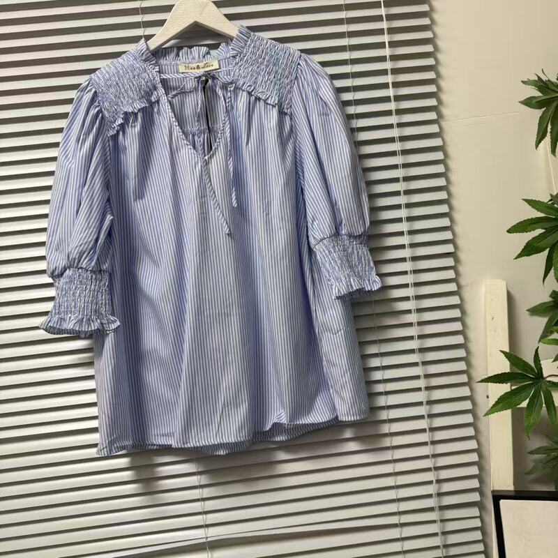 0530-20 American Single Puff Sleeve Tie-Up Shirt for Women, Blue and White Striped V-Neck, Pleated, Slimming, Versatile Top, Artistic Style