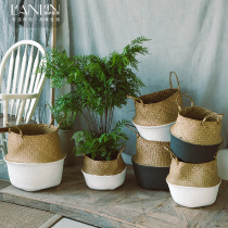 Nordic ins Wind handmade straw flower basket portable woven basket home living room flower pot ornaments folding sea grass basket