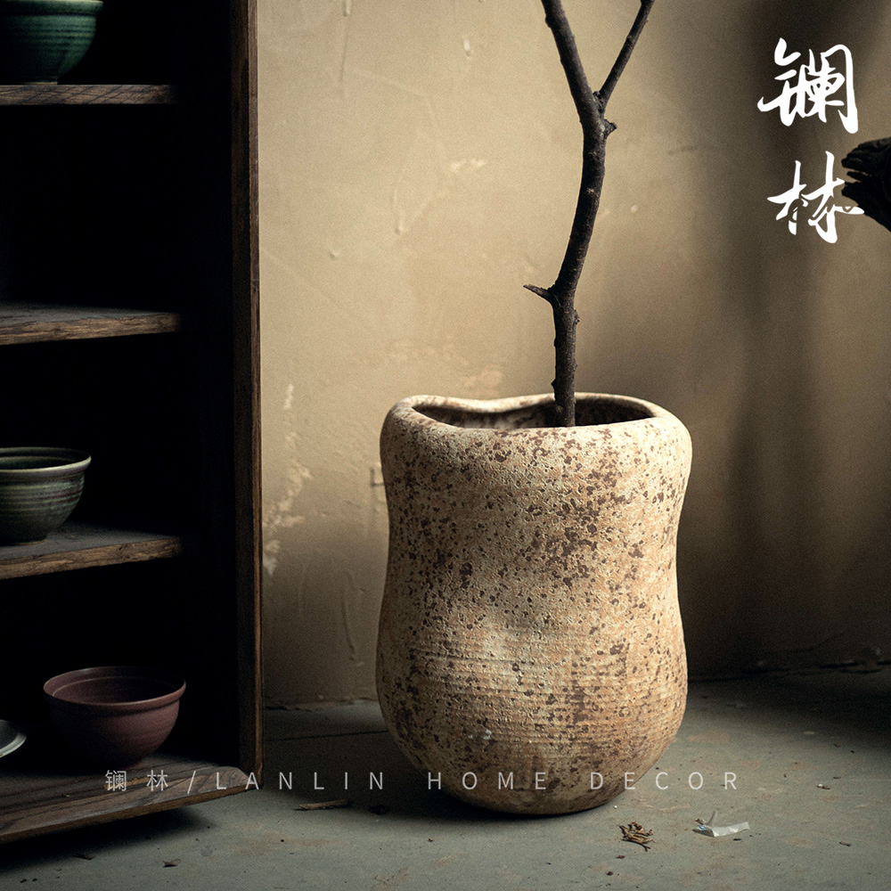 New Chinese large size pottery jar retro coarse pottery Zen flower pot big number vase net red dining room folk sleeping green plant-Taobao