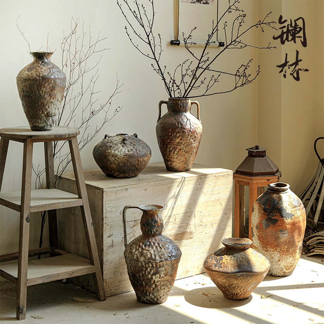 Ceramic coarse pottery vase Ancient Park Zen Pottery Jar Retro-Silent Wind Swing Piece Handmade Folk Hotel Floral Flower Floral hydropony