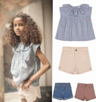 Division Horse warmers Louis Louise 22SS French style girl crushed lotus leaf side collar shirt denim shorts