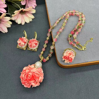 Shell powder pressed peony flower three-piece set high-end elegant full diamond design jewelry necklace earrings ring for women