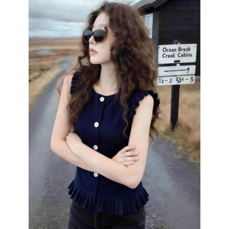 Japanese-Style Ruffled T-Shirt with Lace Hem, Sleeveless Top for Women, Summer New Style, Plus Size, Loose Fit, Slimming, Sleeveless Top