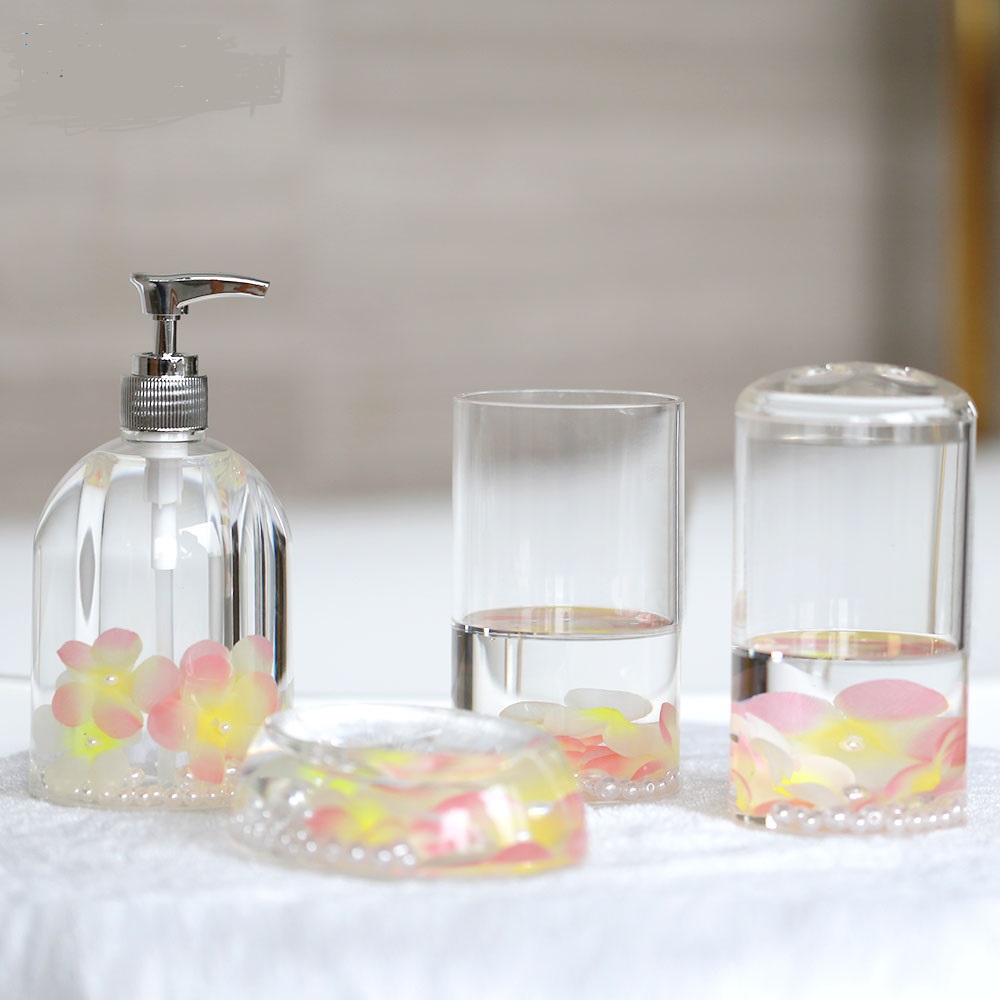 Japan-style Pearl Flower Yellow Bathroom 45 Pieces Suit Soap Dish Gargling Cup Toothbrush Holder Rack Hand Sanitizer Bottle Newlyweds