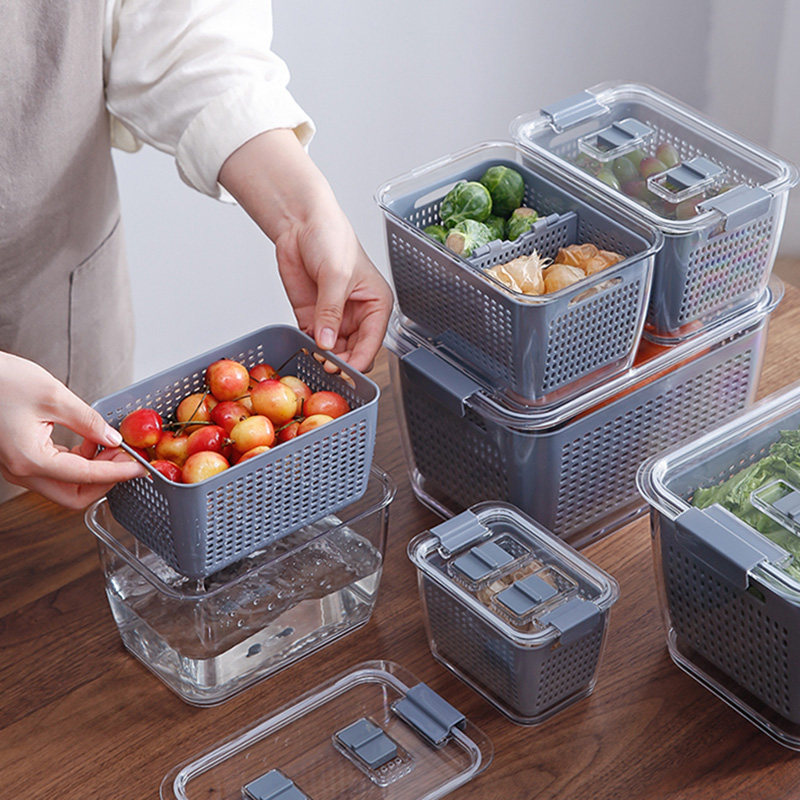 Japan Frost Mountain Kitchen With Lid Wash Fruit Wash Vegetable Drain Basket Separator Home Plastic Preservation Box Fridge Containing box