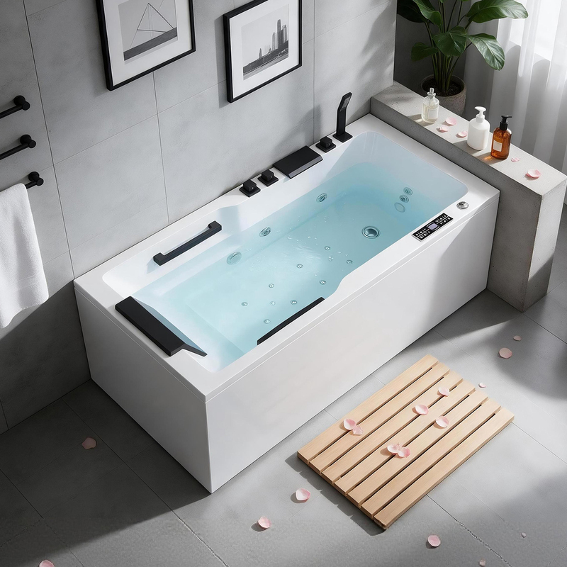 Acrylic Freestanding Bathtub with Double Handrails, Skirted, for Home Use, with Jet Massage, Constant Temperature Heating, Colored Lights, and Bubble Bath Features