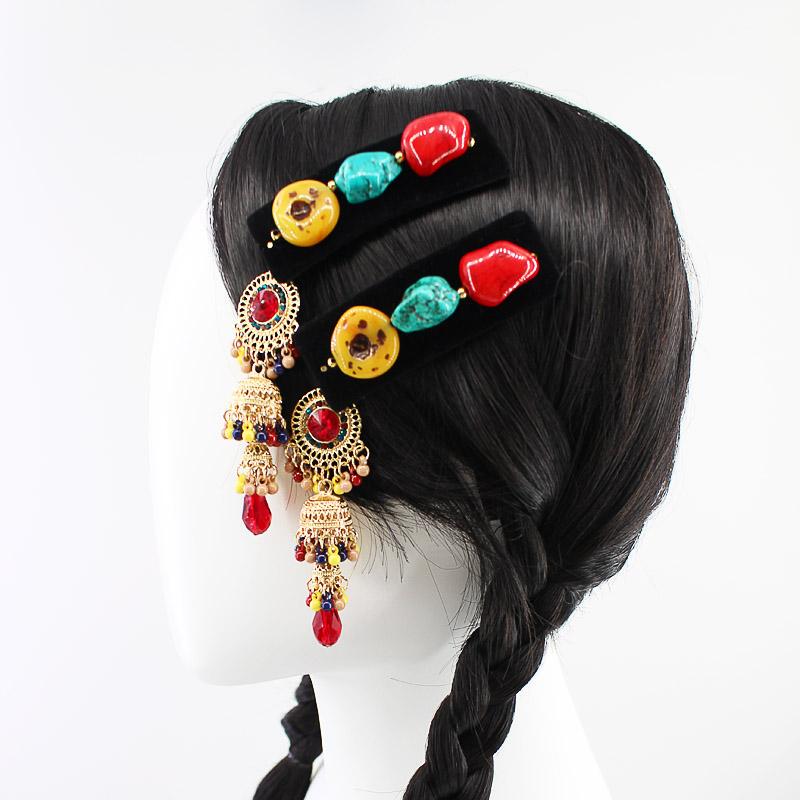 New Tibetan-Style Natural Stone Forehead Ornament, Tibetan Ethnic Side Clip, Tibetan-Style Beeswax Glass Hairpin, Side Clip