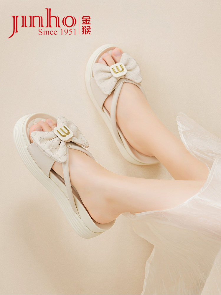 Golden Monkey Sandals for women in summer fashion genuine leather thick sole wear fairy style with skirt flat beach shoes
