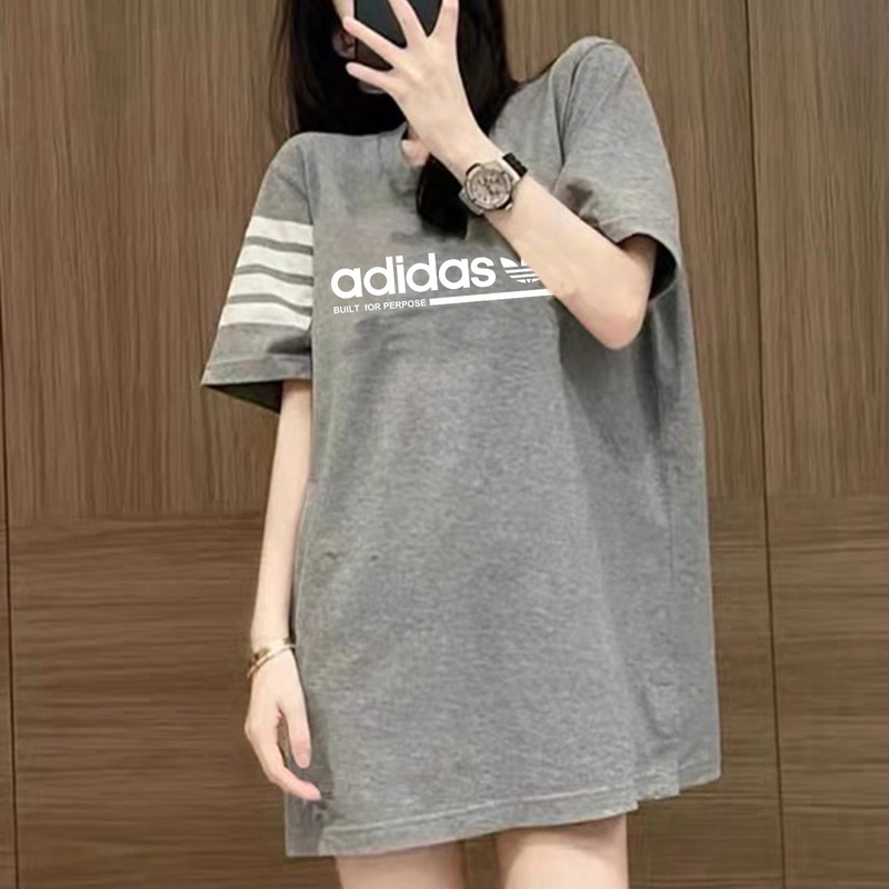 Adidas Gray Short-Sleeved T-Shirt for Women 2026 New Summer Trendy Brand Pure Cotton Loose Mid-Length Top for Women