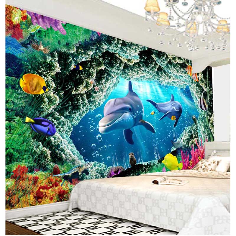 Marine life underwater world wallpaper self-adhesive wall stickers wall painting waterproof dolphin swimming pool custom mural background wall