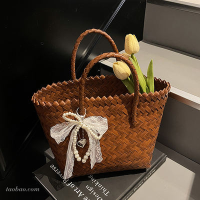 Summer large-capacity bamboo weaving bag for women, 2026 new style, versatile single-shoulder bag for commuting, hand-held vegetable basket bag