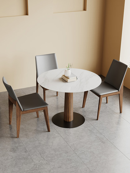 中古风岩板小圆桌家用小户型西餐厅饭桌复古实木圆形餐桌椅小方桌