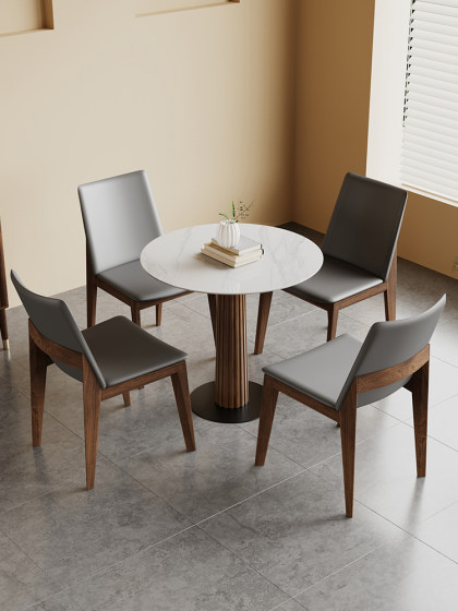 中古风岩板小圆桌家用小户型西餐厅饭桌复古实木圆形餐桌椅小方桌