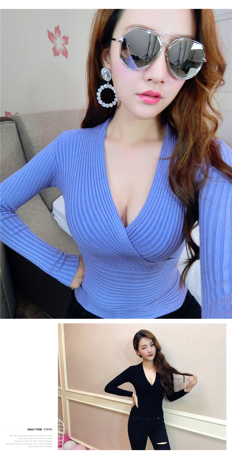Phụ nữ mùa thu 2018 mới gợi cảm với áo crop-top sâu cổ chữ V tay dài bó sát bó sát áo thun bó sát màu rắn đan đáy áo áo len cho người già