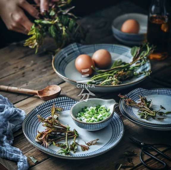 Japanese-Style Three-Piece Plaid Ceramic Plate Set with Irregular Underglaze Color, Household Round Plates, Tadpole Plate